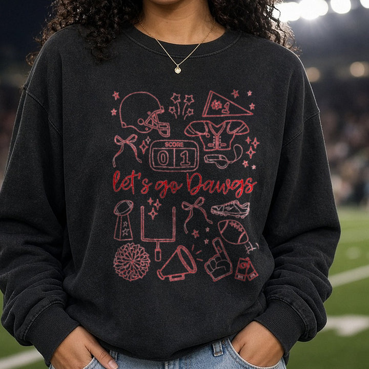Let's Go Dawgs Doodle DTF transfer shown on a Comfort Colors sweatshirt