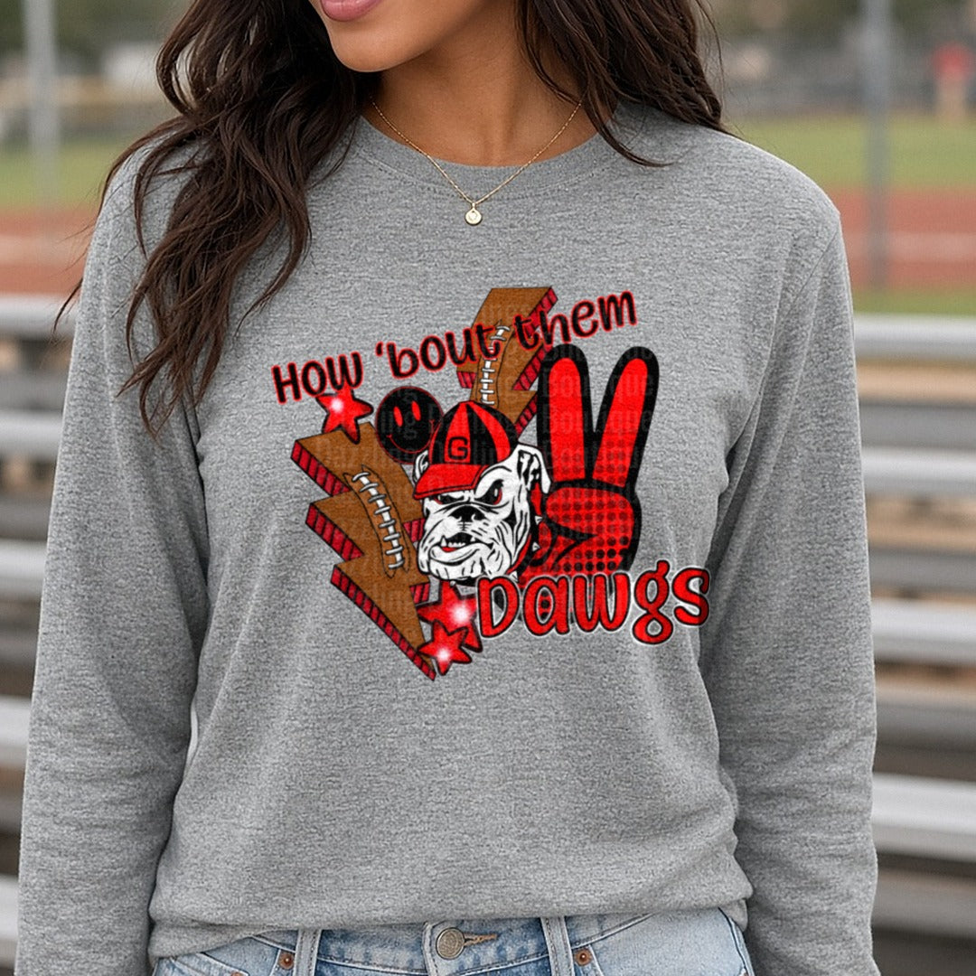 How 'bout them Bulldogs DTF transfer shown on a Comfort Colors long sleeve tee