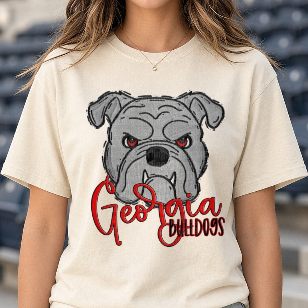 Georgia Bulldogs Grey DTF transfer shown on a Comfort Colors tee