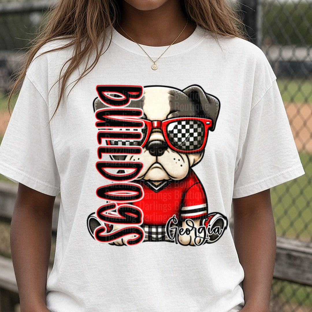 Georgia Bulldogs Retro with Sunglasses DTF transfer shown on a Comfort Colors tee