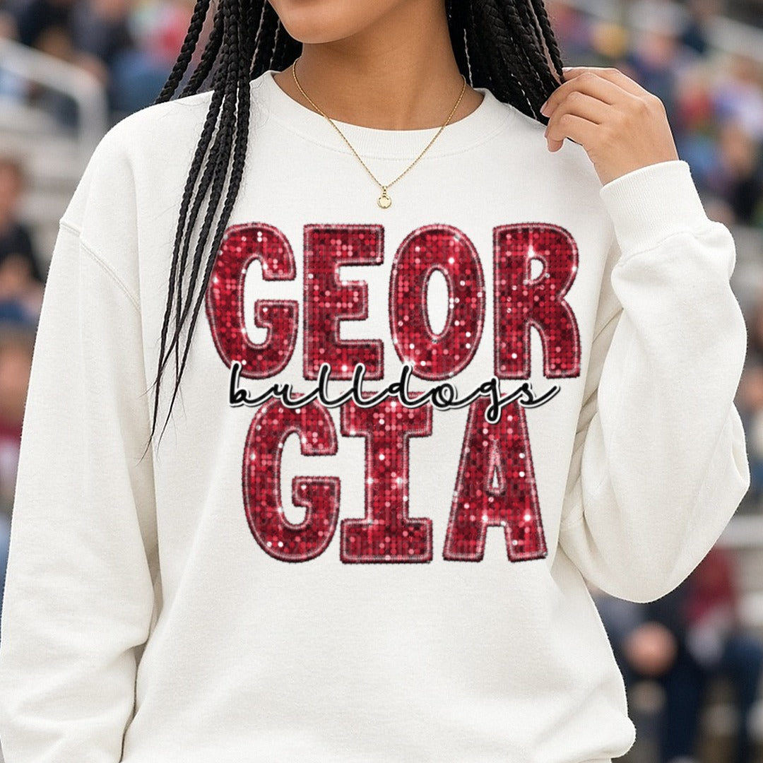 Georgia Bulldogs Faux Sequin DTF transfer shown on a Comfort Colors sweatshirt