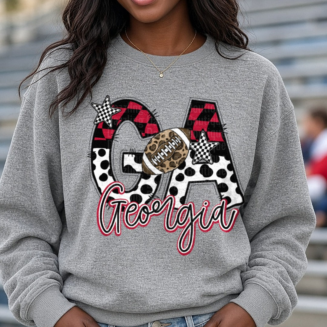 Georgia Bulldogs Retro with Stars DTF transfer shown on a Comfort Colors sweatshirt