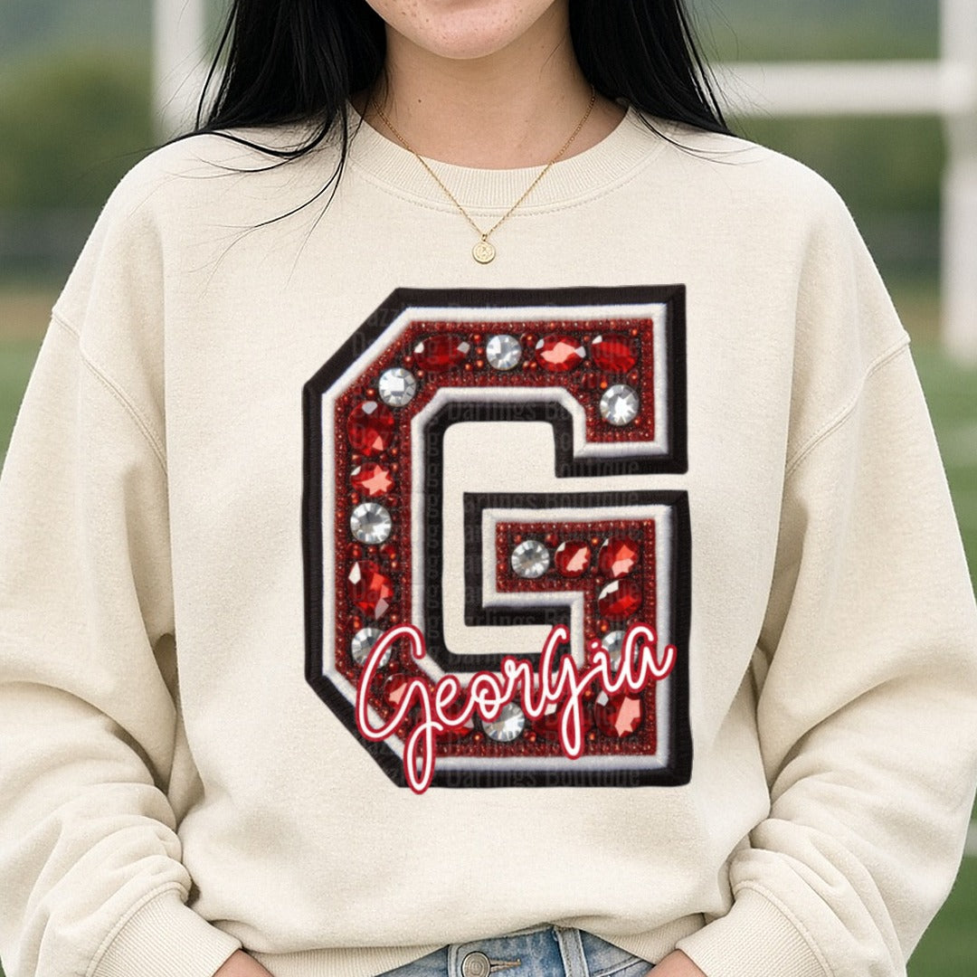 Bejeweled Georgia G DTF transfer shown on a Comfort Colors sweatshirt