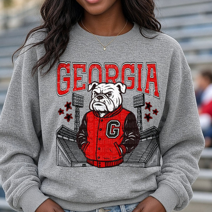 Georgia Letterman Bulldogs DTF transfer shown on a Comfort Colors sweatshirt