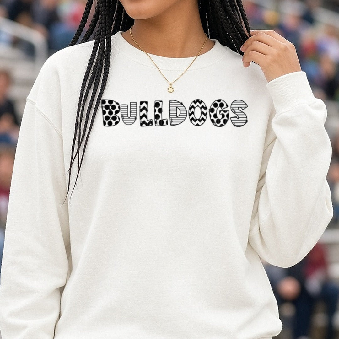 Bulldog doodle DTF transfer shown on a Comfort Colors sweatshirt