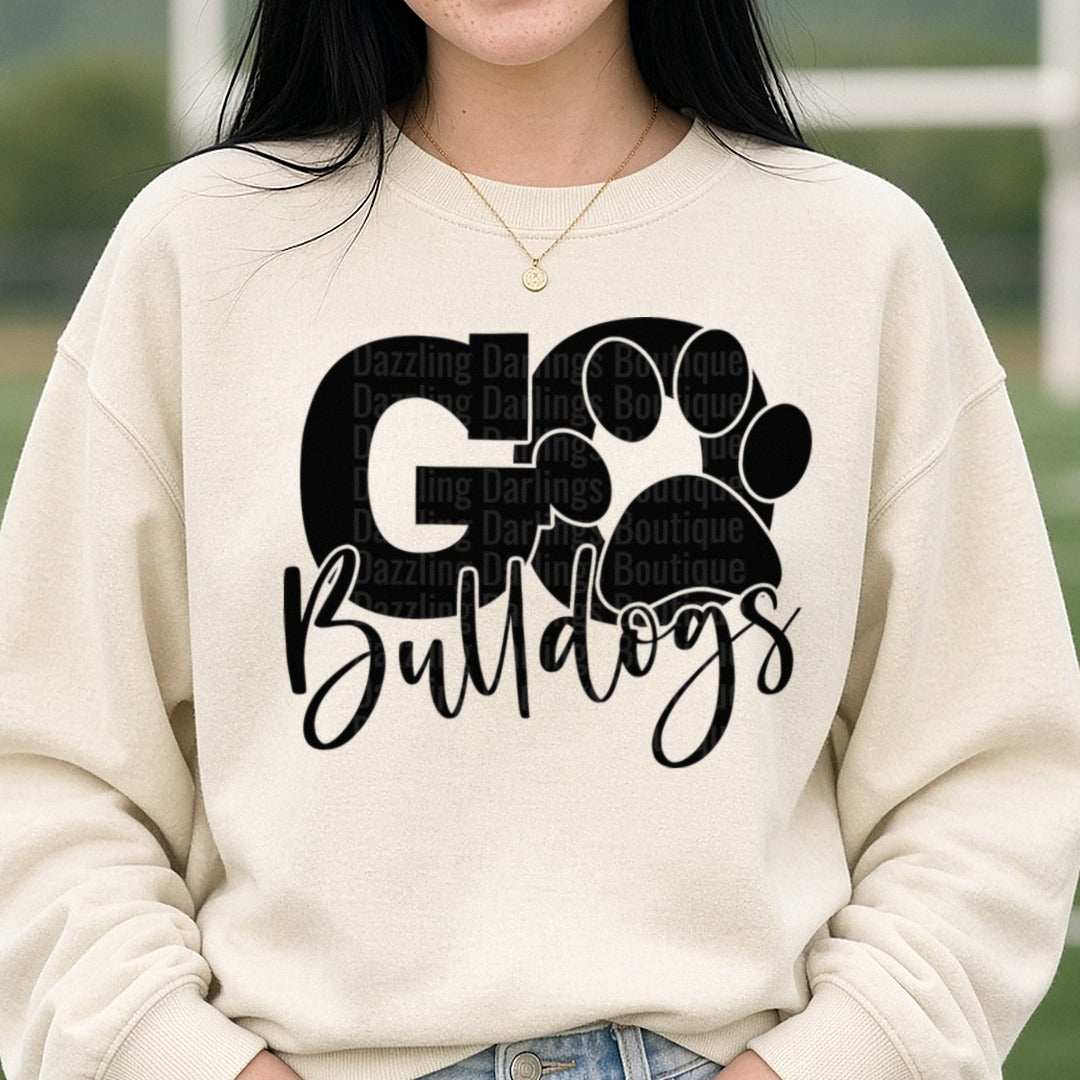go bulldogs DTF transfer shown on a Comfort Colors sweatshirt