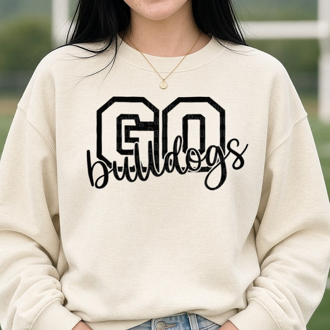 Go Bulldogs DTF transfer shown on a Comfort Colors sweatshirt