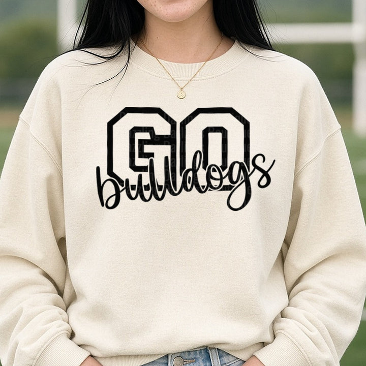 Go Bulldogs Varsity Outline Script DTF transfer shown on a Comfort Colors sweatshirt