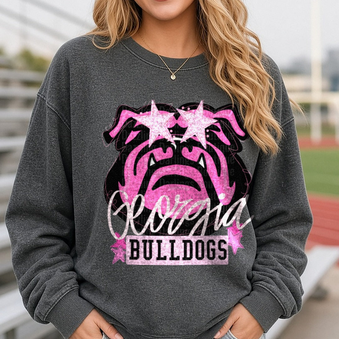 georgia preppy bulldog face pink DTF transfer shown on a Comfort Colors sweatshirt