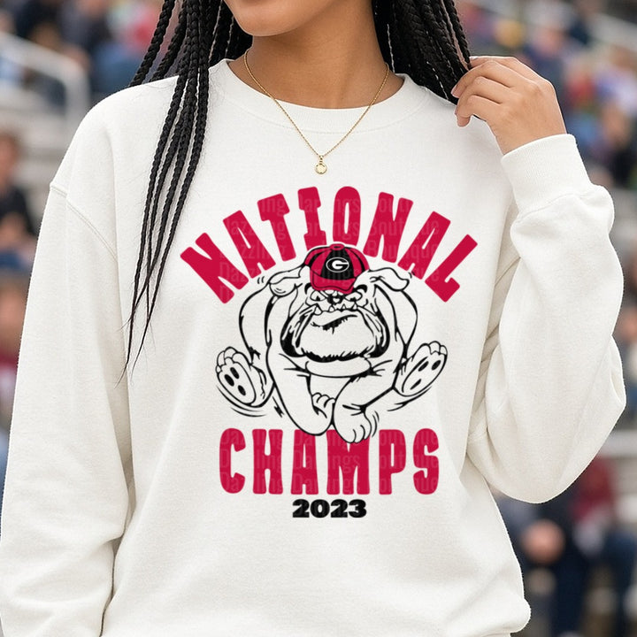Georgia Bulldog 2023 DTF transfer shown on a Comfort Colors sweatshirt