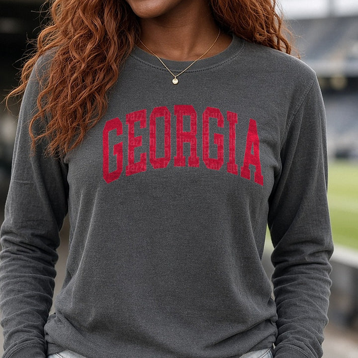 Georgia Arched DTF transfer shown on a Comfort Colors long sleeve tee