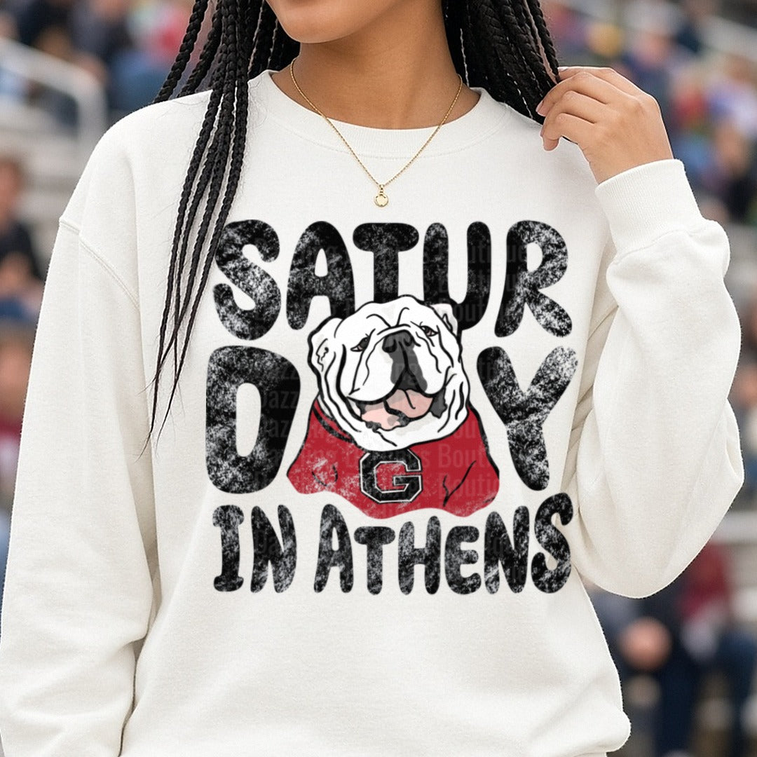 Saturday in Athens Georgia Bulldogs DTF transfer shown on a Comfort Colors sweatshirt