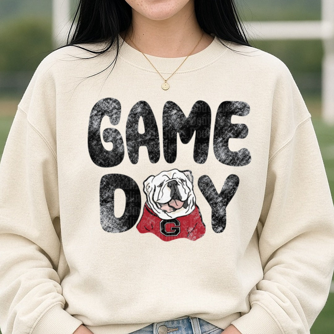 Game Day Georgia Bulldogs DTF transfer shown on a Comfort Colors sweatshirt
