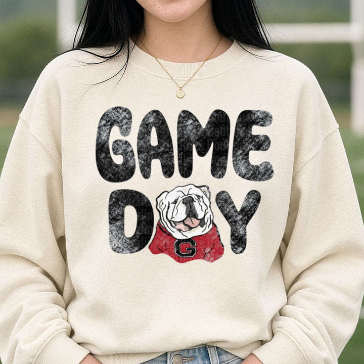 Game Day Georgia Bulldogs DTF transfer shown on a Comfort Colors sweatshirt