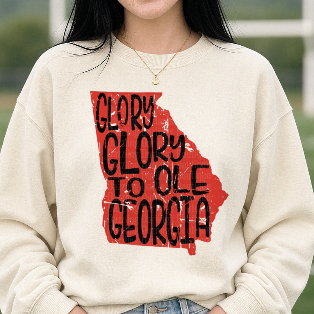 Glory Glory to Old Georgia DTF transfer shown on a Comfort Colors sweatshirt