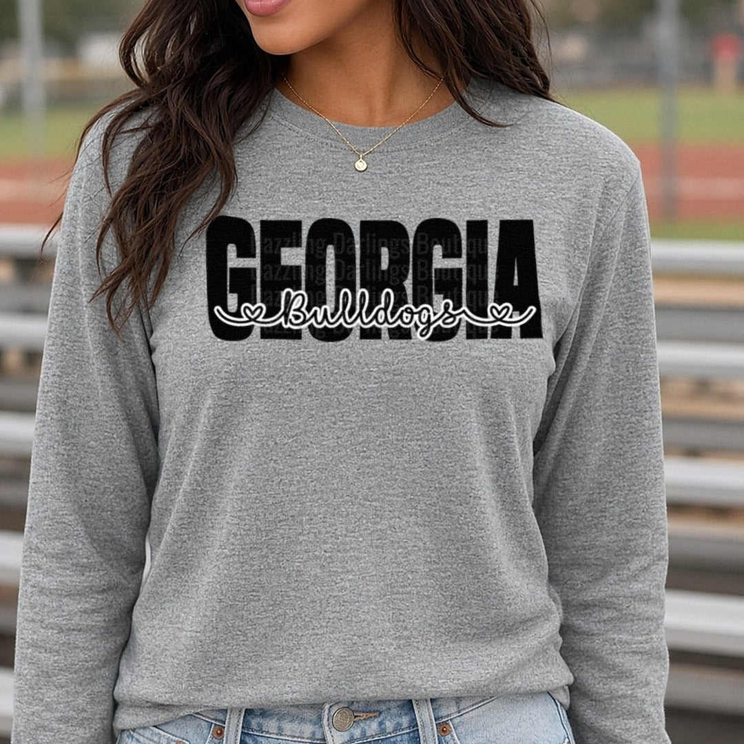 GA Bulldogs - black DTF transfer shown on a Comfort Colors long sleeve tee