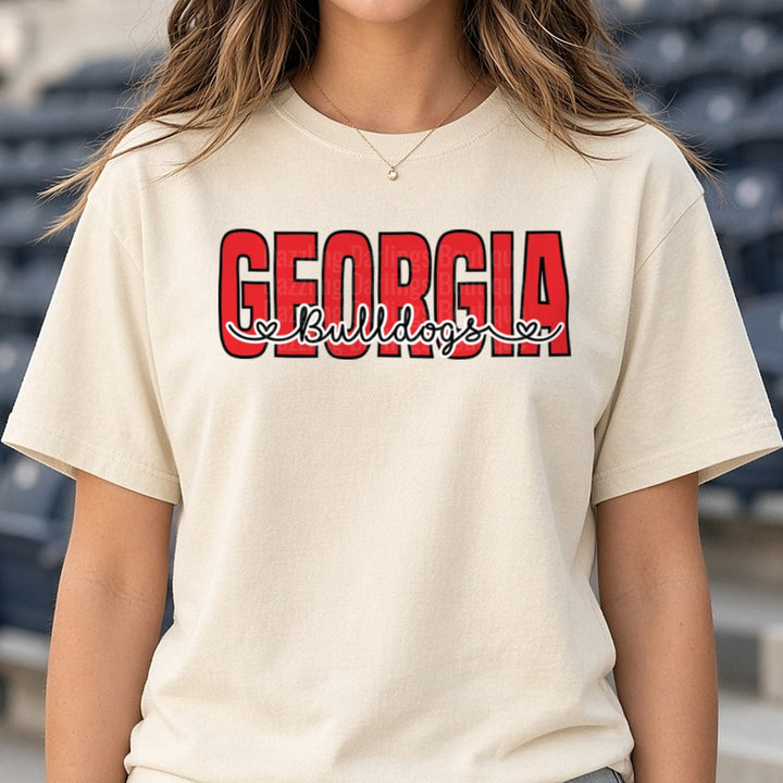 GA Bulldogs - red DTF transfer shown on a Comfort Colors tee