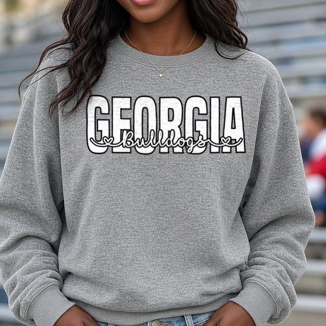 GA Bulldogs - white DTF transfer shown on a Comfort Colors sweatshirt