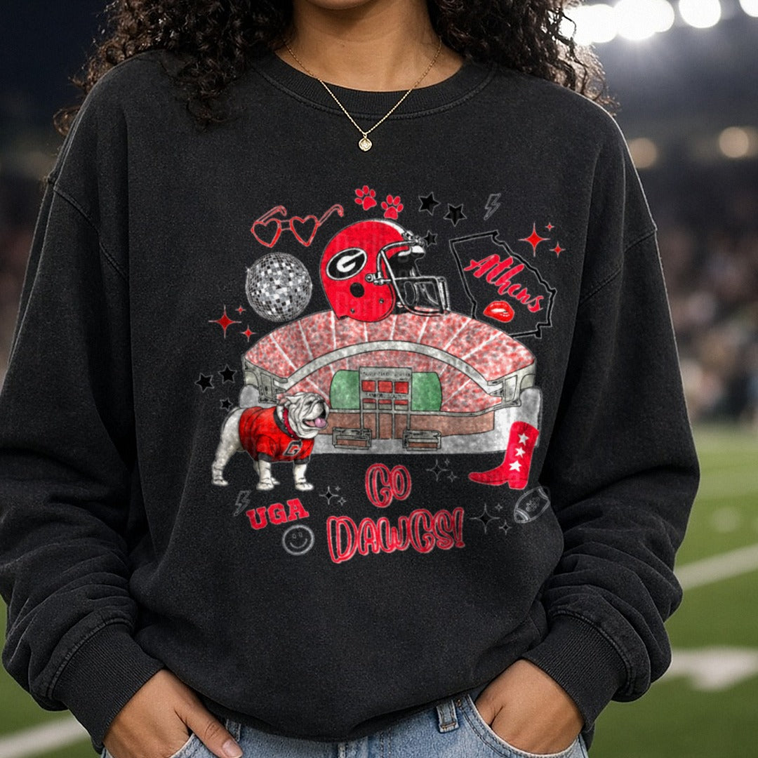 Georgia Bulldogs Stadium Collage DTF transfer shown on a Comfort Colors sweatshirt