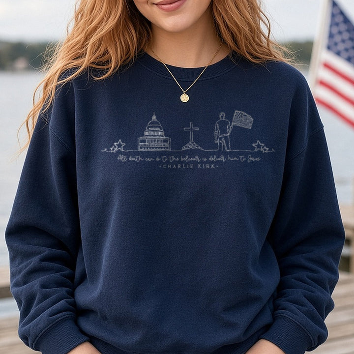 Charlie Kirk Capitol Cross Flag Line Art Script DTF transfer shown on a Comfort Colors sweatshirt