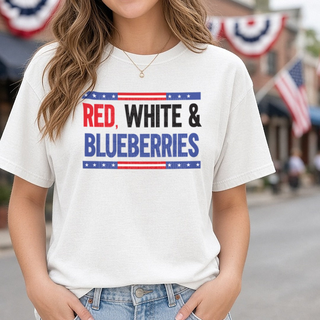 Red White And Blueberries Flag Stripes DTF transfer shown on a Comfort Colors tee