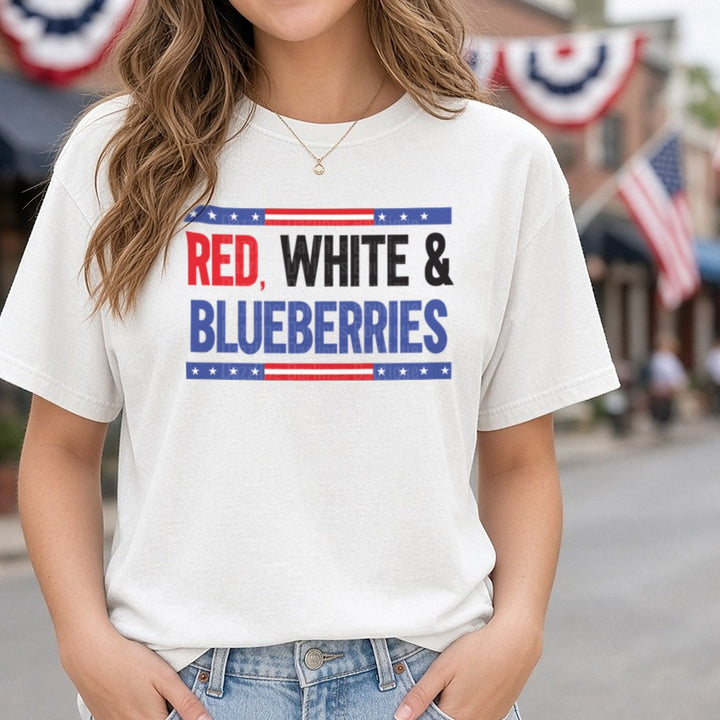 Red White And Blueberries Flag Stripes DTF transfer shown on a Comfort Colors tee