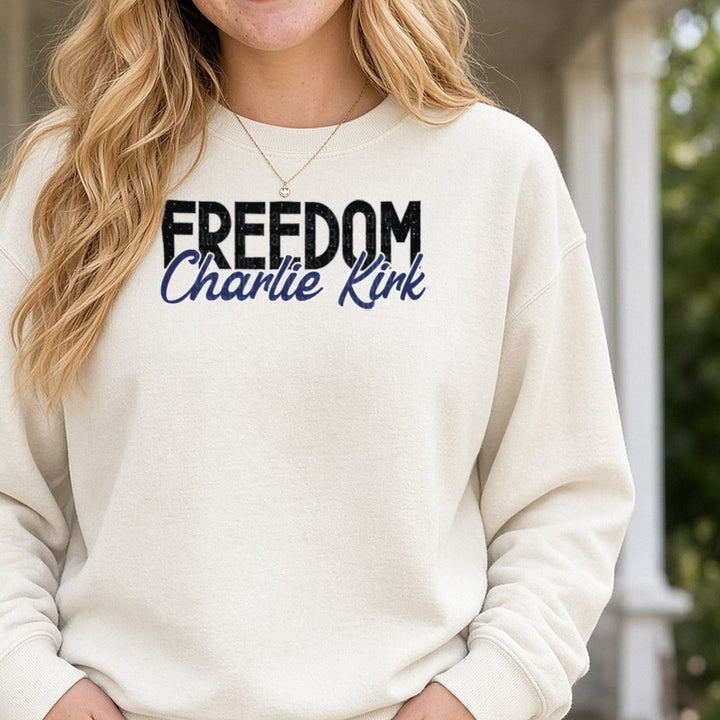 Freedom Charlie Kirk Navy Script DTF transfer shown on a Comfort Colors sweatshirt