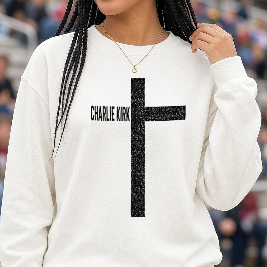 Charlie Kirk DTF transfer shown on a Comfort Colors sweatshirt
