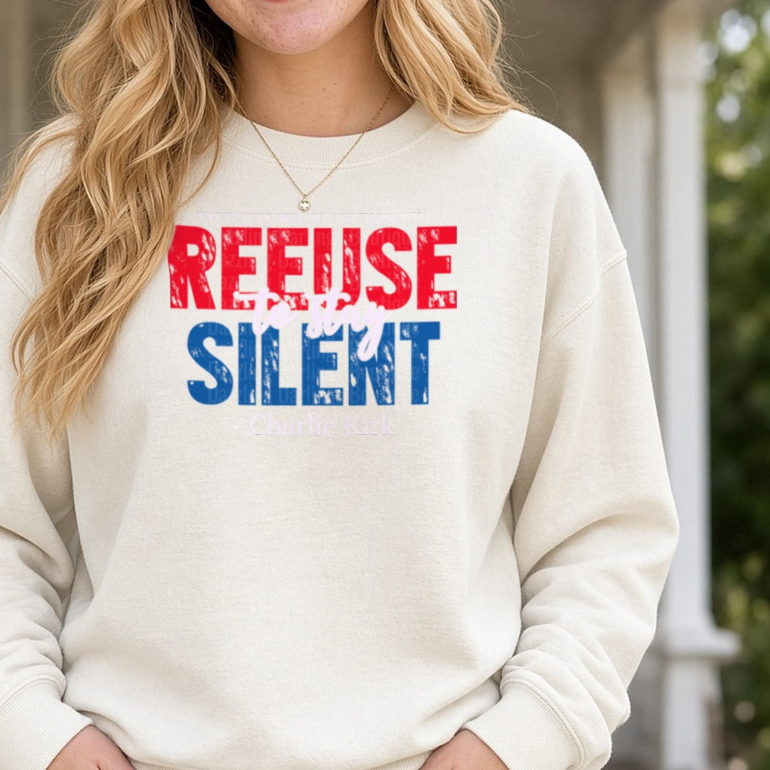 The Future belongs To Those Who Refuse to Stay Silent Charlie Kirk DTF transfer shown on a Comfort Colors sweatshirt