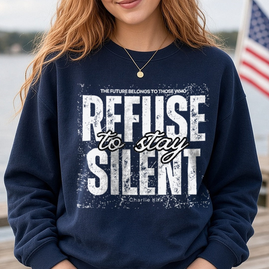 Refuse To Stay Silent Charlie Kirk White Distressed DTF transfer shown on a Comfort Colors sweatshirt