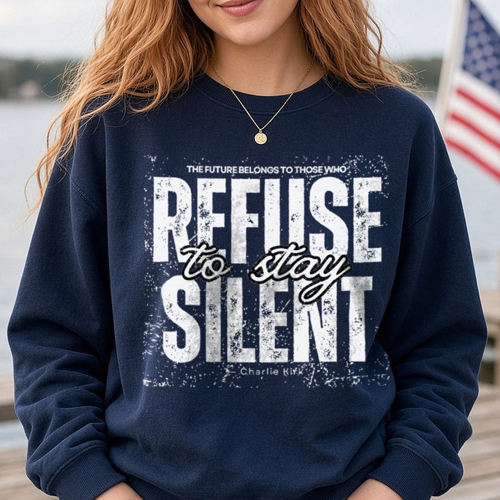 Refuse To Stay Silent Charlie Kirk White Distressed DTF transfer shown on a Comfort Colors sweatshirt