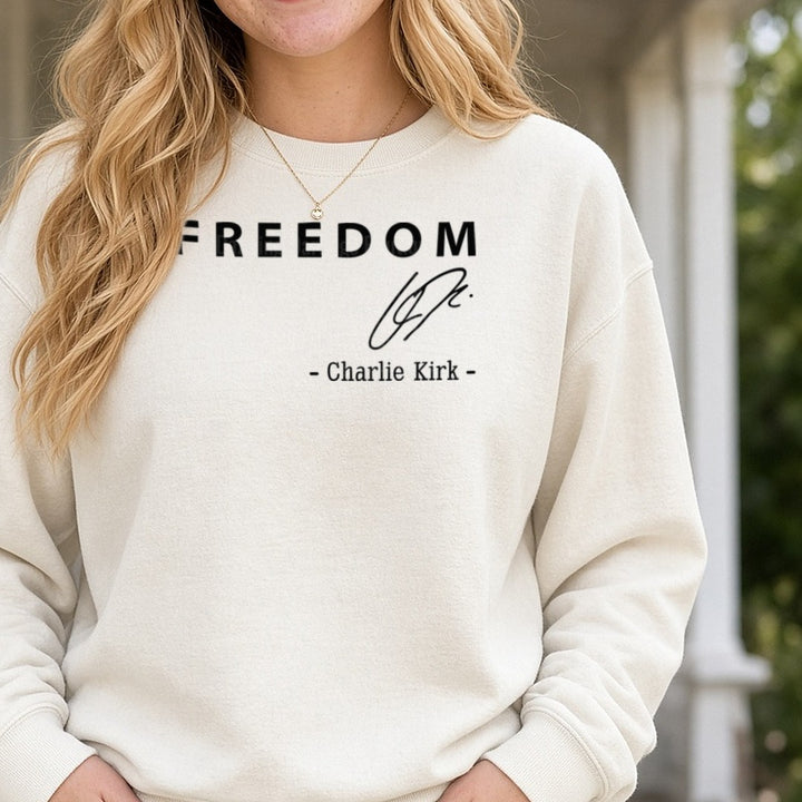 Freedom Charlie Kirk Turning Point DTF transfer shown on a Comfort Colors sweatshirt
