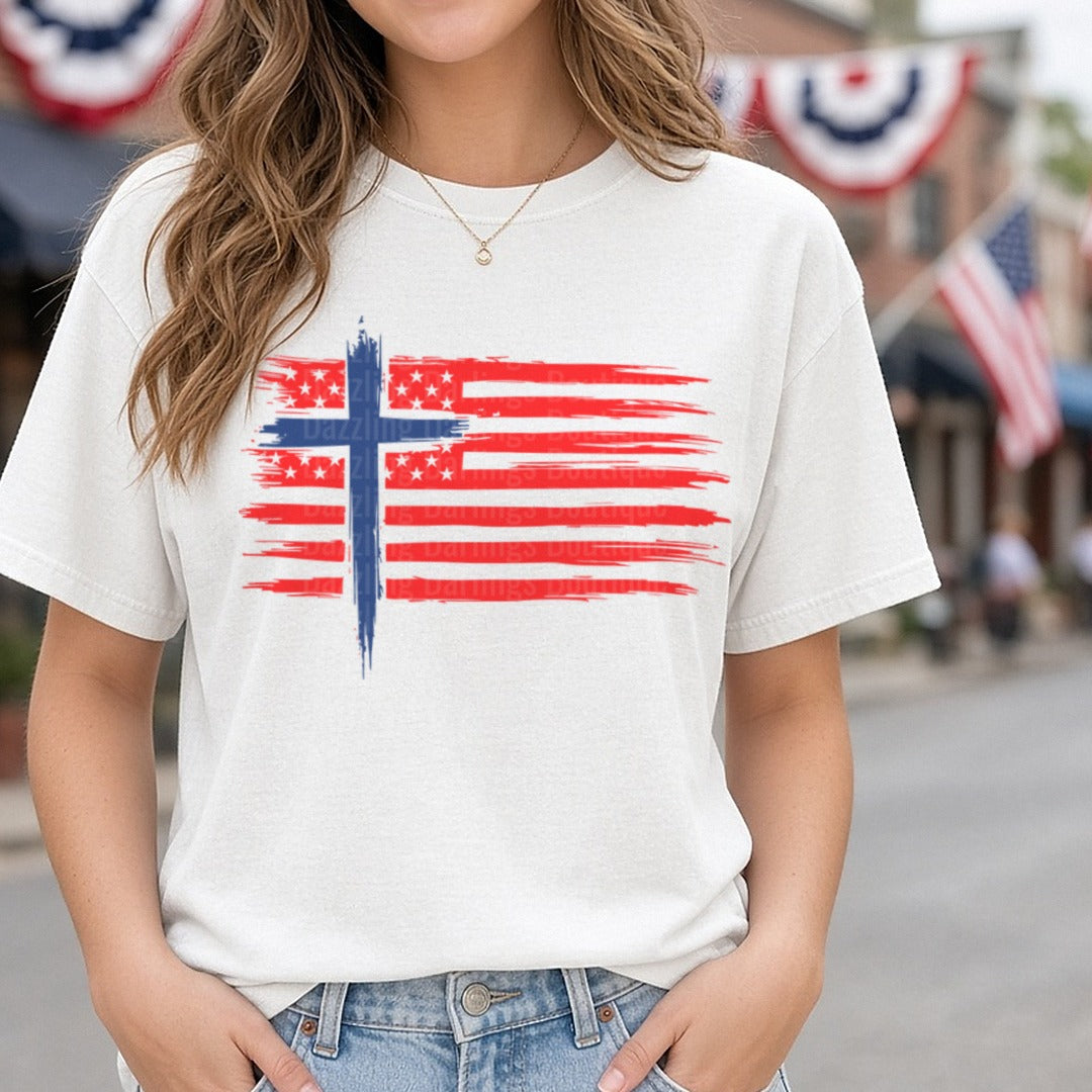 Charlie Kirk Distressed Flag Blue Cross DTF transfer shown on a Comfort Colors tee