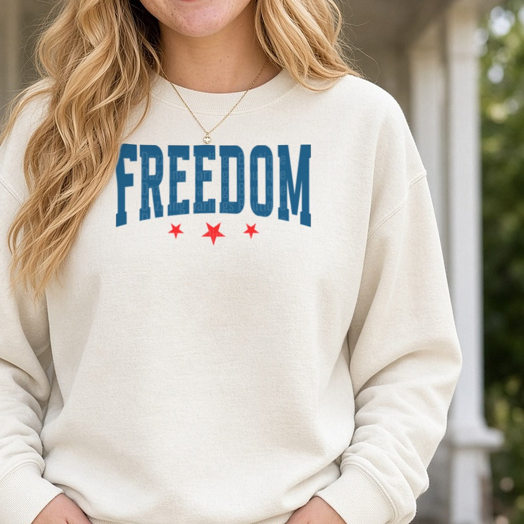 Freedom Blue Distressed Red Stars DTF transfer shown on a Comfort Colors sweatshirt