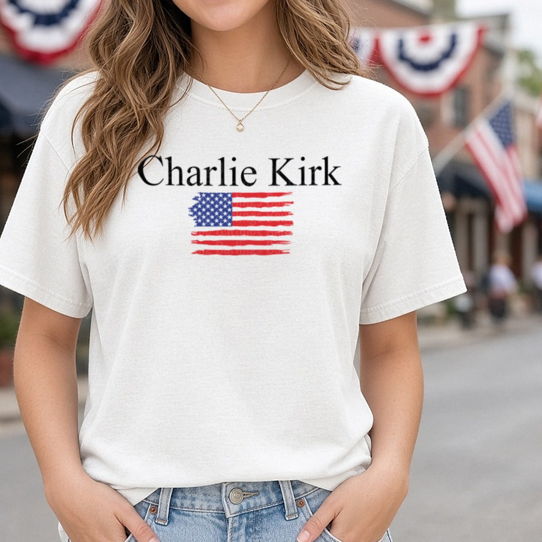 Charlie Kirk Serif Distressed Flag DTF transfer shown on a Comfort Colors tee