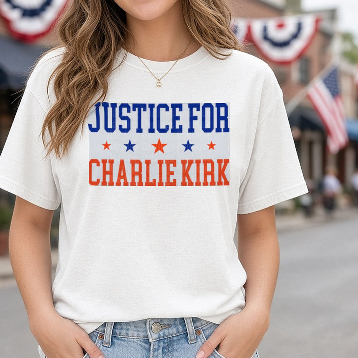 Justice For Charlie Kirk Blue Orange Stars DTF transfer shown on a Comfort Colors tee