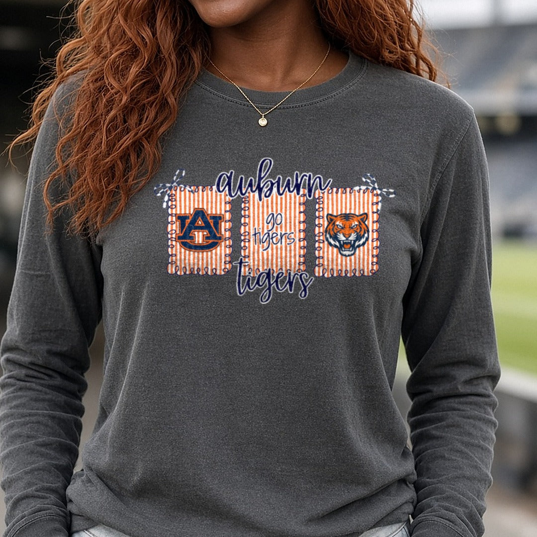 Auburn Tigers Striped Banner Frames Go Tigers DTF transfer shown on a Comfort Colors long sleeve tee