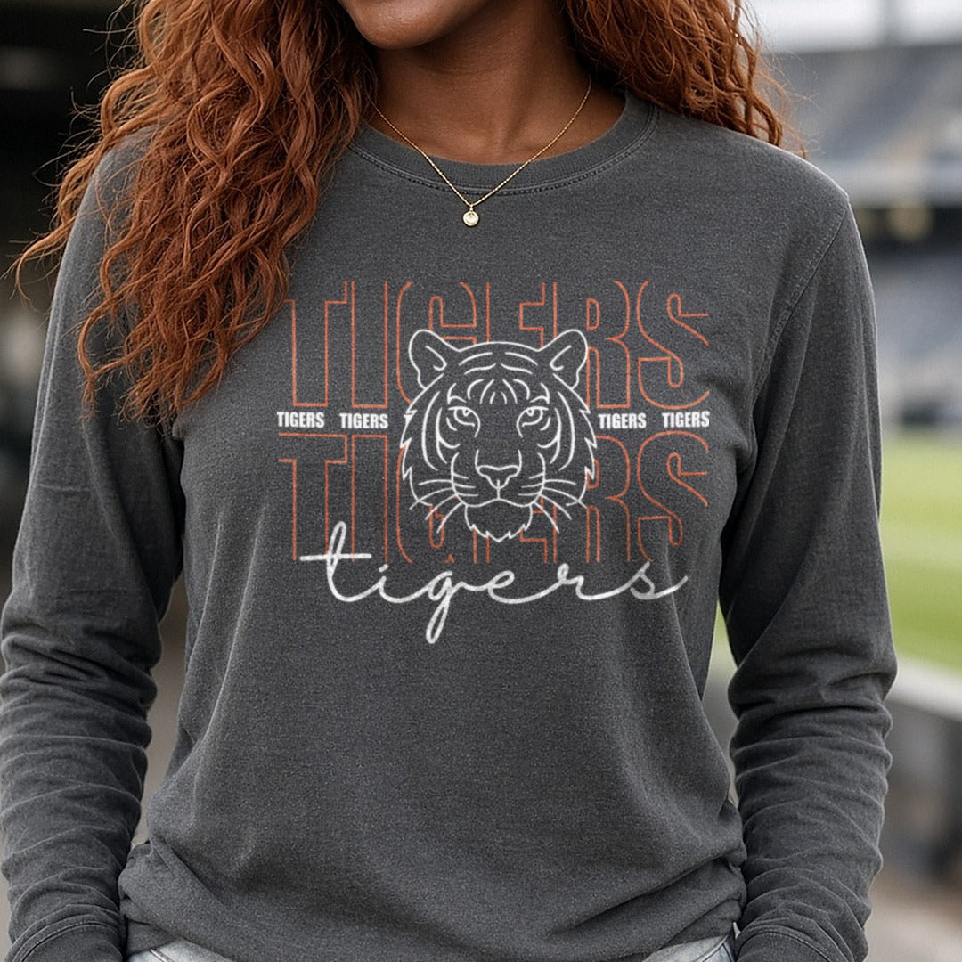 Auburn Tigers Orange Outline Repeat Text Tiger Face DTF transfer shown on a Comfort Colors long sleeve tee