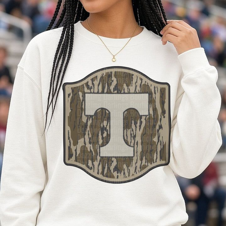 tennessee vols camo DTF transfer shown on a Comfort Colors sweatshirt