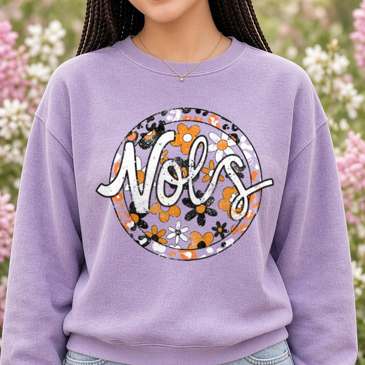 Vols Floral Circle Distressed Tennessee DTF transfer shown on a Comfort Colors sweatshirt