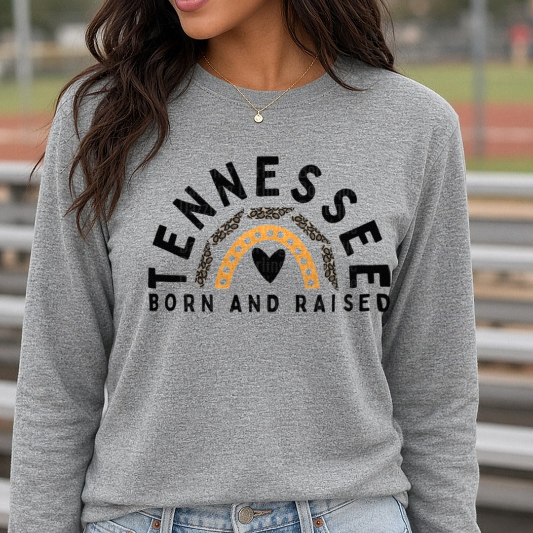 Tennessee Born and Raised DTF transfer shown on a Comfort Colors long sleeve tee
