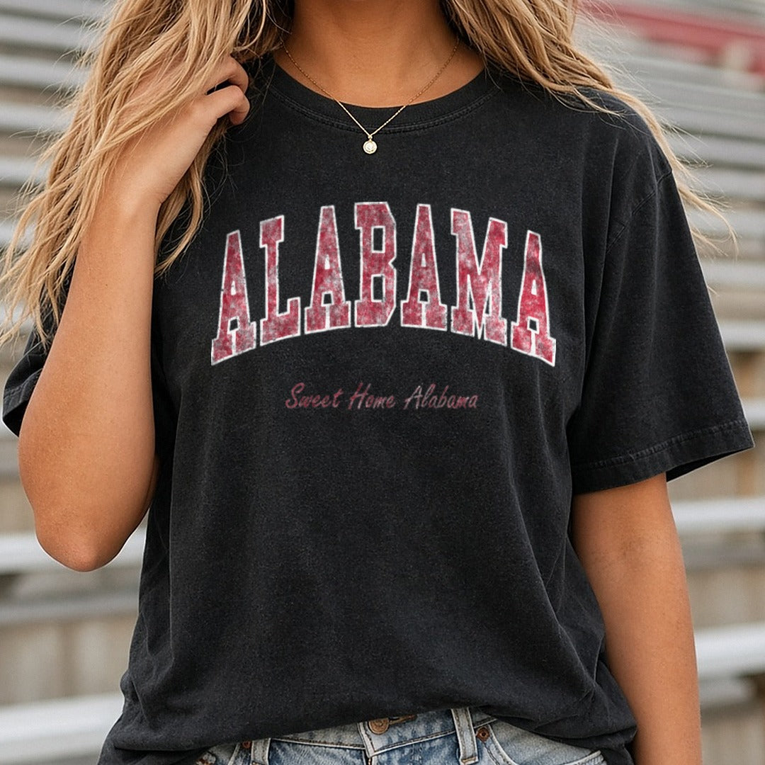Alabama Roll Tide Distressed Arch Letters Sweet Home DTF transfer shown on a Comfort Colors tee