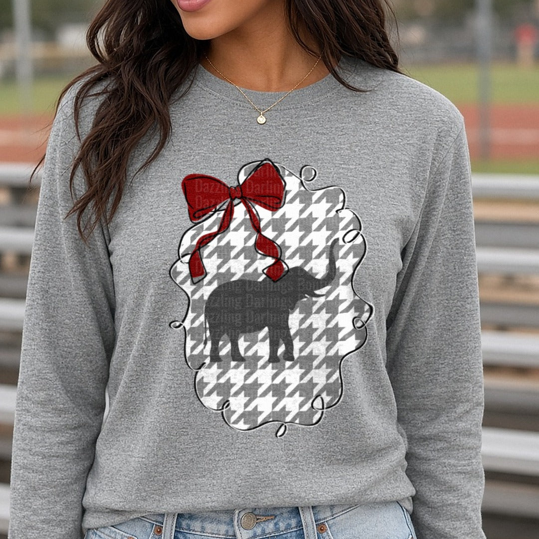 Alabama Roll Tide Houndstooth Elephant Red Bow DTF transfer shown on a Comfort Colors long sleeve tee