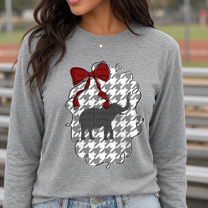 Alabama Roll Tide Houndstooth Elephant Red Bow DTF transfer shown on a Comfort Colors long sleeve tee