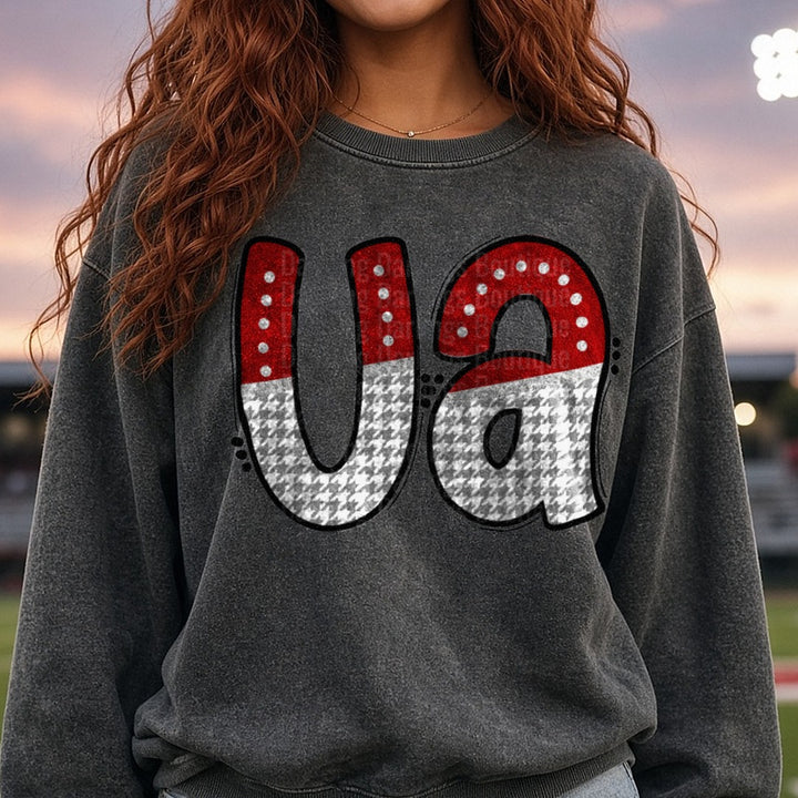 Alabama Roll Tide UA Letters Houndstooth Polka Dot DTF transfer shown on a Comfort Colors sweatshirt