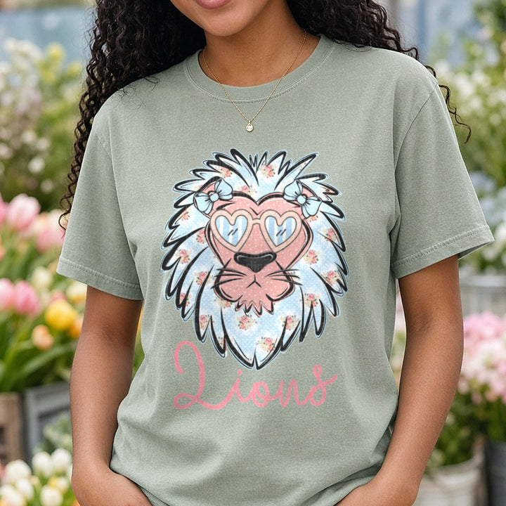 preppy floral lion DTF transfer shown on a Comfort Colors tee