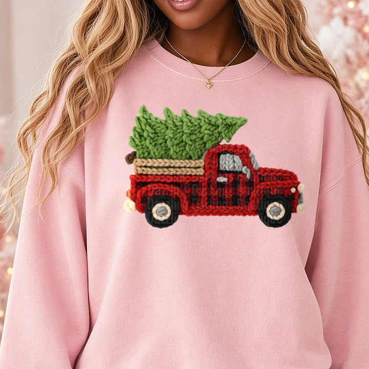 Christmas Plaid Truck Faux Yarn DTF transfer shown on a Comfort Colors sweatshirt