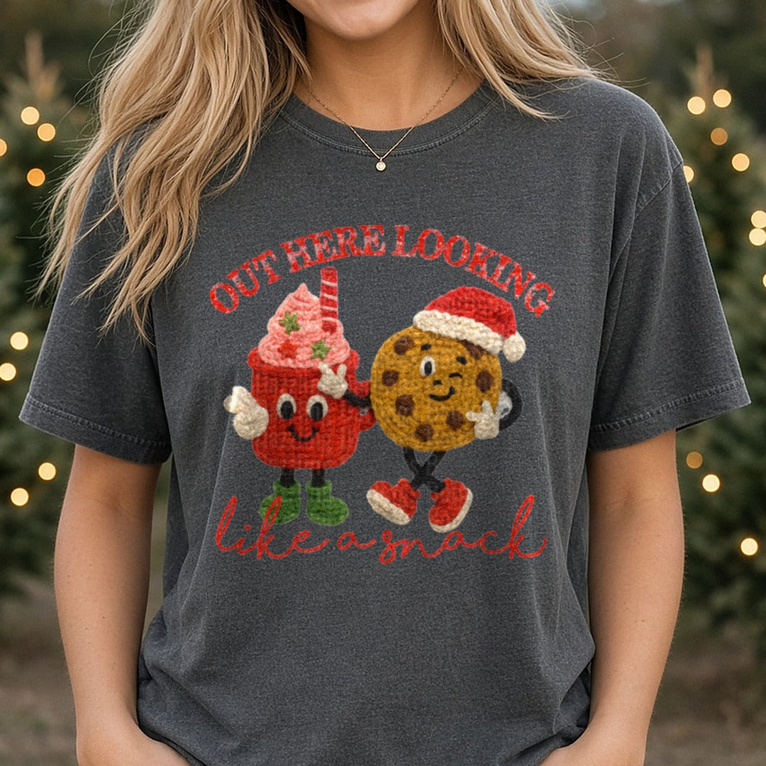 Out Here Looking Like a Snack DTF transfer shown on a Comfort Colors tee
