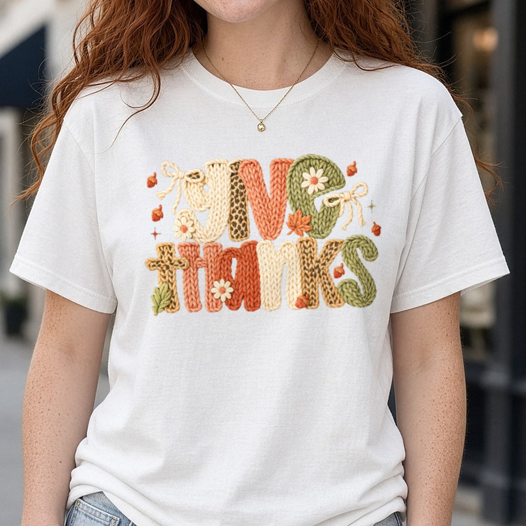 givethanks faux yarn DTF transfer shown on a Comfort Colors tee