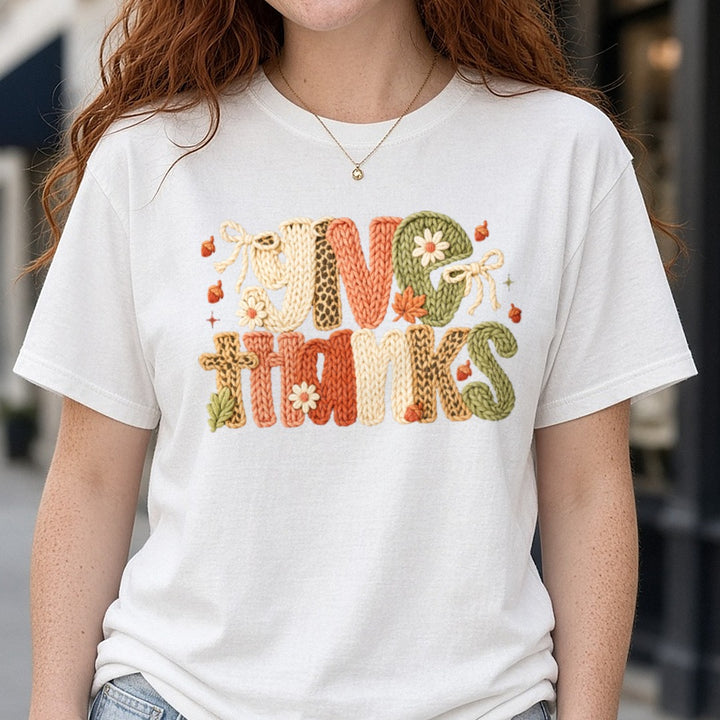 givethanks faux yarn DTF transfer shown on a Comfort Colors tee